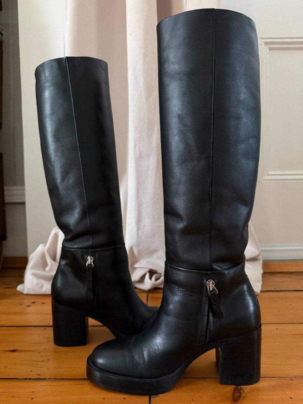 Zara Black Leather Knee-High Boots Block Heel Minimal Classic Size 7.5 - Picture 5 of 6